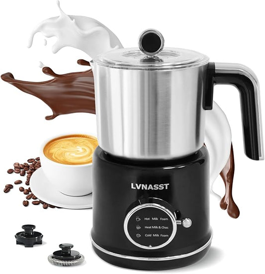 Milk Frother Warmer 3in1 Electric Milk Steamer Stainless Steel Foam Maker, 12oz Hot Cold Frothing, Thick Foam for Macchiatos, Cappuccinos (Black)