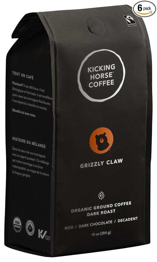 Kicking Horse Coffee Grizzly Claw, Dark Roast, Ground, Certified Organic, Fairtrade, Kosher, Black, 60 Oz, Pack of 6