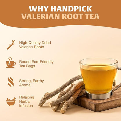HANDPICK, Valerian Root Tea Bags (Valeriana) 50 Count | Non-GMO, Caffeine Free, Real Ingredients | Earthy/Woody Herbal Tea Bags | Round Eco-conscious Teabags