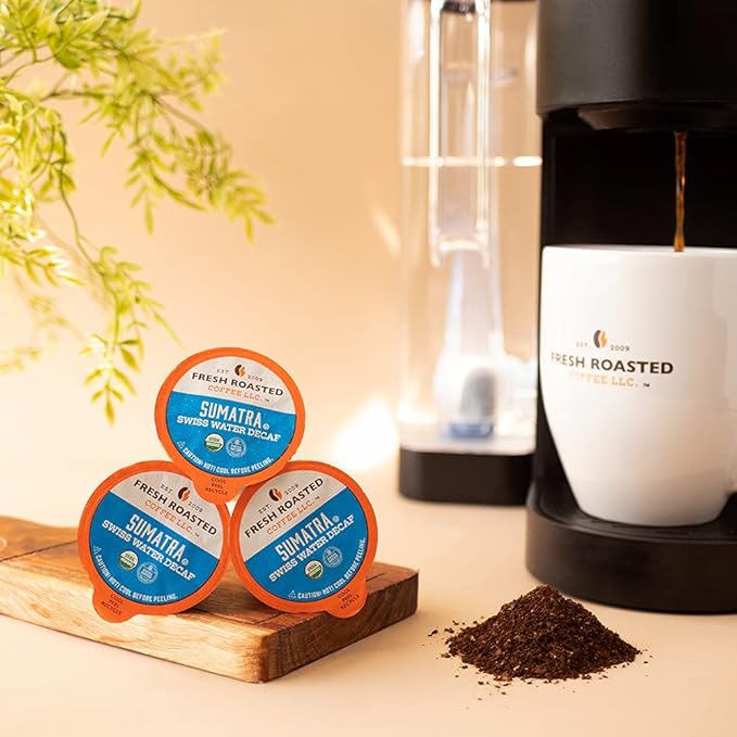 Fresh Roasted Coffee, Organic Sumatra Water-Processed Decaf | 100% Single Origin, USDA Organic, Kosher | Medium Roast K-Cup Compatible | 24 Pods