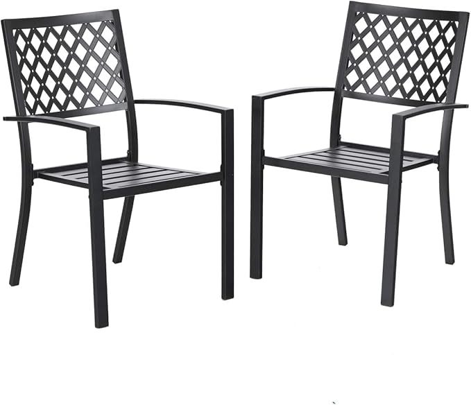 PHI VILLA Outdoor Dining Chairs Set of 2, Stackable Black Metal Wrought Iron Chairs, All Weather Dining Furniture for Patio, Deck, Proch, Backyard