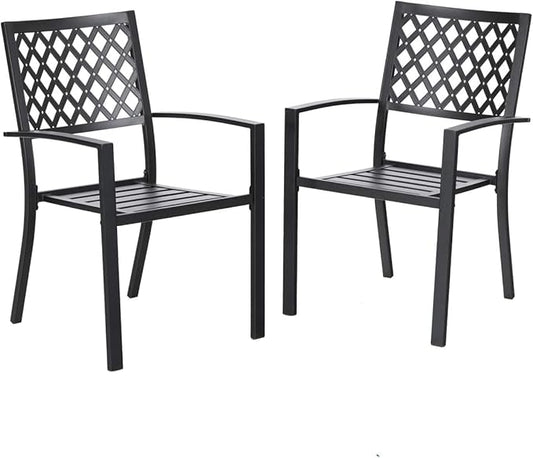 PHI VILLA Outdoor Dining Chairs Set of 2, Stackable Black Metal Wrought Iron Chairs, All Weather Dining Furniture for Patio, Deck, Proch, Backyard