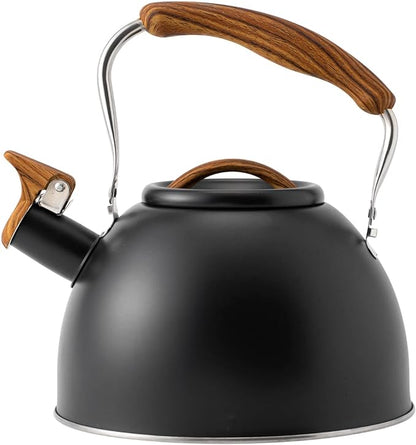3.2 Quart Whistling Tea Kettle for Stove Top Stainless Steel Tea Pots With Wood Pattern Anti-slip Handle, Black…