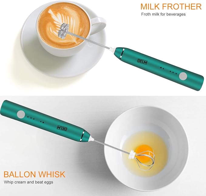Delm Milk Frother Electric USB Stainless Steel Accessory - Frother Wand Foam Maker for Lattes - Milk Frother Handheld for Cappuccino, Frappe, Matcha, Hot Chocolate - Frother for Coffee (green)