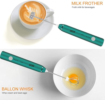 Delm Milk Frother Electric USB Stainless Steel Accessory - Frother Wand Foam Maker for Lattes - Milk Frother Handheld for Cappuccino, Frappe, Matcha, Hot Chocolate - Frother for Coffee (green)