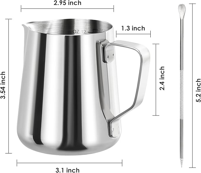 Milk Frothing Pitcher, Espresso Steaming Pitcher 12oz,Espresso Machine Accessories,Stainless Steel Milk Coffee Cappuccino Barista Steam Pitchers Milk Jug Cup with Decorating Pen Latte Art