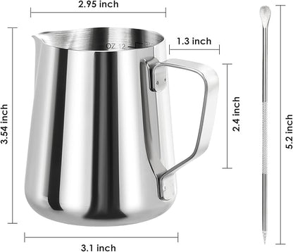 Milk Frothing Pitcher, Espresso Steaming Pitcher 12oz,Espresso Machine Accessories,Stainless Steel Milk Coffee Cappuccino Barista Steam Pitchers Milk Jug Cup with Decorating Pen Latte Art