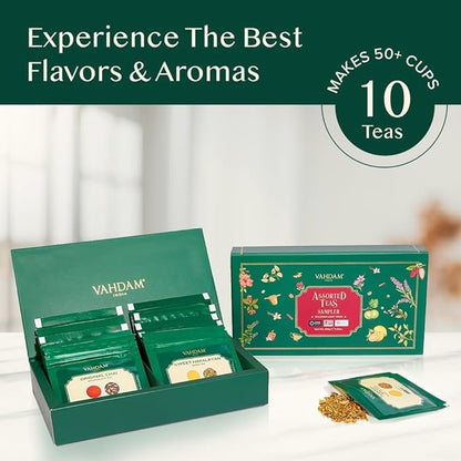 VAHDAM, Assorted Loose Leaf Tea Gift Set (10 Flavors) Gift Ideas for Women & Men | Herbal Tea, Green Tea, Chai Tea & Black Tea Sampler| Non-GMO, Gluten Free | Gifts for Him/Her