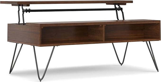 SIMPLIHOME Hunter Lift Top Coffee Table - 48 inch Wide Solid Walnut Veneer and Metal Industrial Cocktail Table, Functional Living Room Table with 2 Storage Cubbies and Hairpin Legs