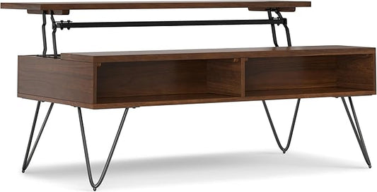 SIMPLIHOME Hunter Lift Top Coffee Table - 48 inch Wide Solid Walnut Veneer and Metal Industrial Cocktail Table, Functional Living Room Table with 2 Storage Cubbies and Hairpin Legs