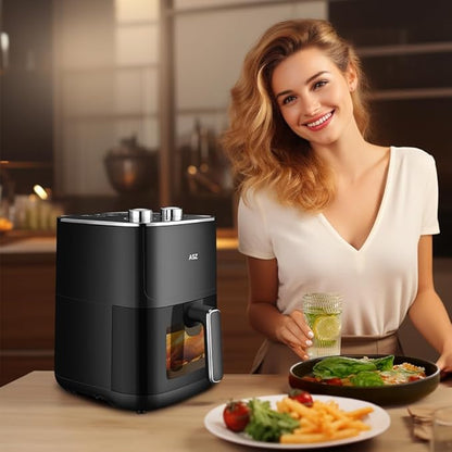 ASZ 5qt Air Fryer Compact Knob Black for dorm office - 4.7L Airfryer with Window 1400W Visual Basket - Non-Stick Pan, Manuel Control Max 60s Timer & 400℉ Kitchen Airfry Countertop Gift