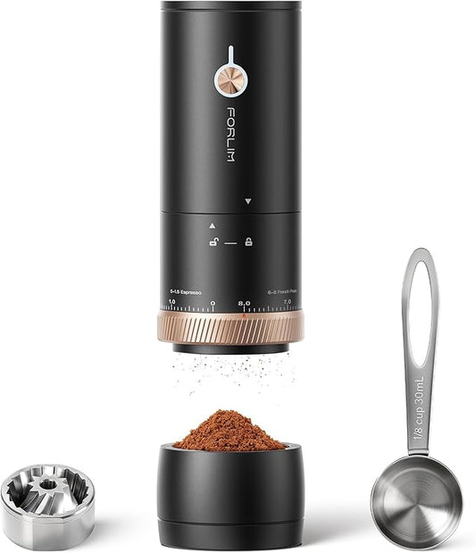 FORLIM Portable Electric Coffee Grinder, Cordless Rechargeable Coffee Bean Grinder with 80 Scale Precise Grinding Settings, Double-Click Start, 10-Blade Conical Burr Coffee Grinders, Clog‑Protection