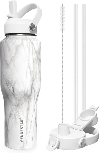 SENDESTAR 40oz Stainless Steel Water Bottle(Cold for 48 Hrs, Hot for 24 Hrs),Double Wall Vacuum Insulated Bottle with Straw Lid, Spout Lid and Flex Cap, Fit in Any Car Cup Holder TXIN-40-Marbling