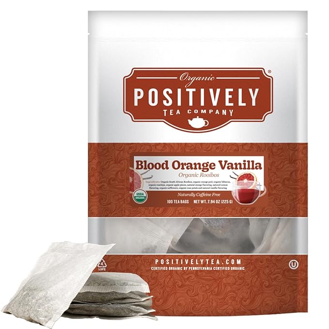 Organic Positively Tea Company, Blood Orange Vanilla Rooibos Tea Bags, 100 Count, Eco-Friendly Tea Bags, Non-GMO
