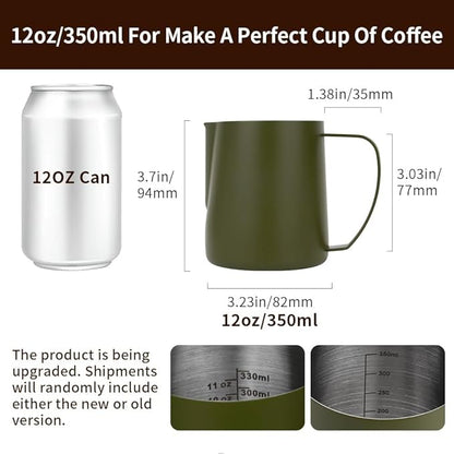 watchget Stainless Steel Milk Frothing Pitcher 12oz/350ml - Espresso Steaming Pitcher for Cappuccino, Latte Art, Coffee Machine Accessories Milk Jug Coffee Frother Cup, Matte Green