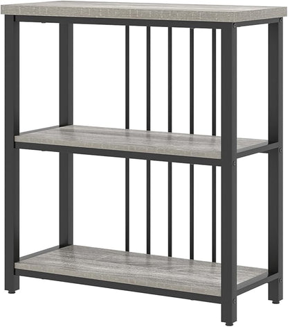 FOLUBAN 3 Tier Bookshelf, Short Bookcase for Small Space, Modern Wooden and Metal Book Shelf for Living Room Bedroom Office (Light Grey Oak)