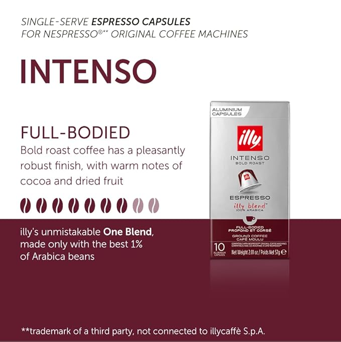 illy Aluminum Espresso Capsules - Compatible with Nespresso Machines - Intenso Bold Roast Coffee - Full of Flavor - Notes of Cocoa and Dried Fruit - Single Serve Capsules - 10 Count (Pack of 10)
