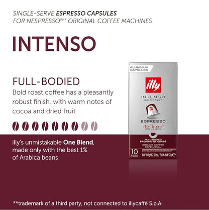 illy Aluminum Espresso Capsules - Compatible with Nespresso Machines - Intenso Bold Roast Coffee - Full of Flavor - Notes of Cocoa and Dried Fruit - Single Serve Capsules - 10 Count (Pack of 10)