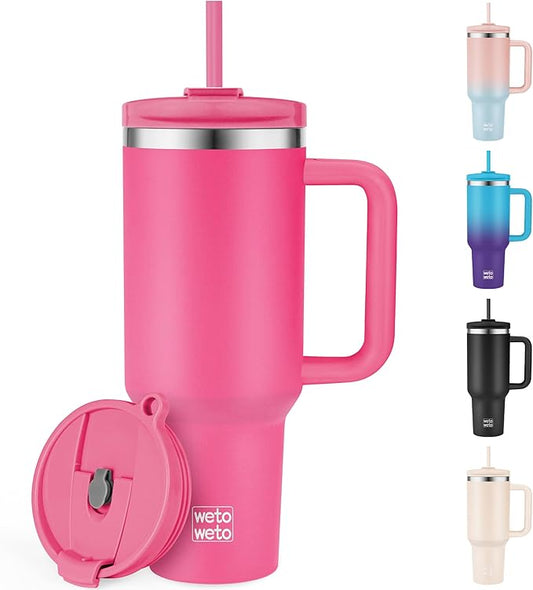 WETOWETO 40oz Tumbler with Handle | Insulated Stainless Steel Travel Mug | 34Hrs Cold & 10Hrs Hot Retention | 100% Leakproof Lid & Straw | Dishwasher Safe + Car Cup Holder Fit (Bright Pink)