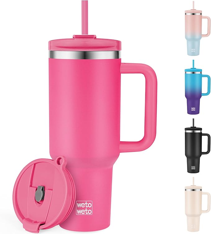 WETOWETO 40oz Tumbler with Handle | Insulated Stainless Steel Travel Mug | 34Hrs Cold & 10Hrs Hot Retention | 100% Leakproof Lid & Straw | Dishwasher Safe + Car Cup Holder Fit (Bright Pink)