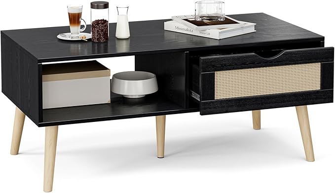 Wood Coffee Table with Storage, Boho Dining Table with Sliding Rattan Door Panel and Solid Wood Legs, Small Coffee Tables for Living Room, Black