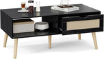 Load image into Gallery viewer, Wood Coffee Table with Storage, Boho Dining Table with Sliding Rattan Door Panel and Solid Wood Legs, Small Coffee Tables for Living Room, Black