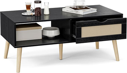 Wood Coffee Table with Storage, Boho Dining Table with Sliding Rattan Door Panel and Solid Wood Legs, Small Coffee Tables for Living Room, Black
