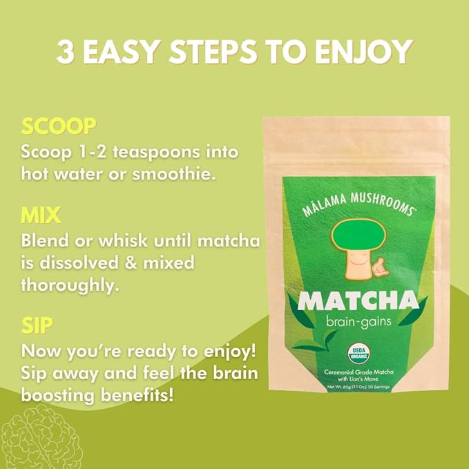 Malama Ceremonial Grade Matcha Powder - Premium Japanese Matcha Green Tea Powder with Organic Lion’s Mane Extract - Organic, Gluten-Free, Vegan, & Unsweetened (2.1 oz) for Energy & Focus