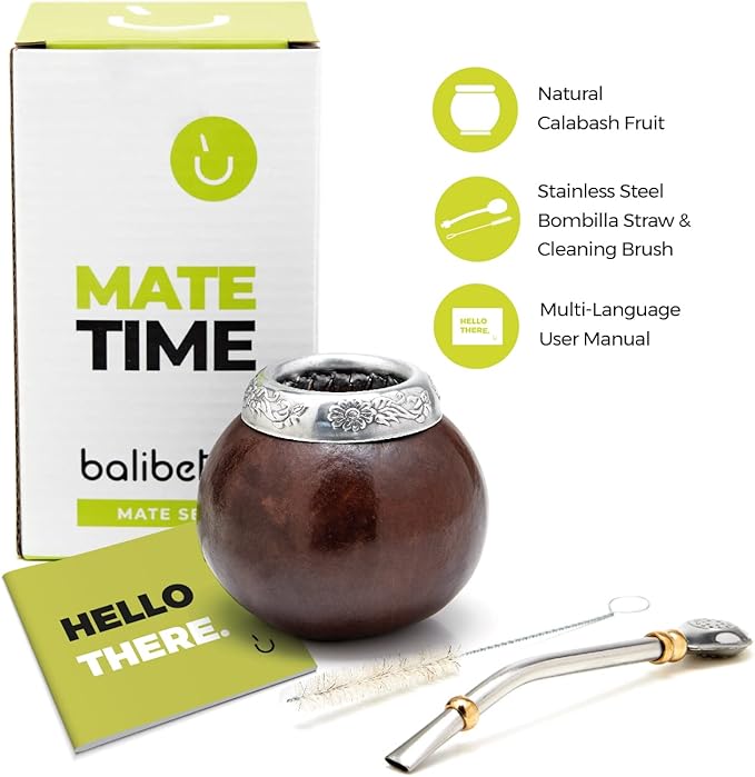BALIBETOV Yerba Mate Gourd Set (Original Natural Handmade Yerba Mate Cup Argentina) - Includes Mate Tea Cup, Bombilla (Mate Straw) and Clean Brush - Classic Mate Cup and Bombilla (Dark Brown)