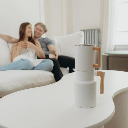 HASTINGS 50 Oz Pour Over Coffee Maker Set with Double Layer Reusable Stainless Steel Filter 8-Cup and Wood Handle - Dual Wall Heat Resistant Drip Coffee Brewer, Pour Over Coffee Dripper Carafe, White