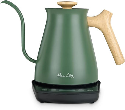 Harriet Gooseneck Electric Kettle - 1200W Fast Heat, 0.8L Stainless Steel, Precision Temp Control & Timer, Wood Handle, Pour Over Coffee and Tea, Green