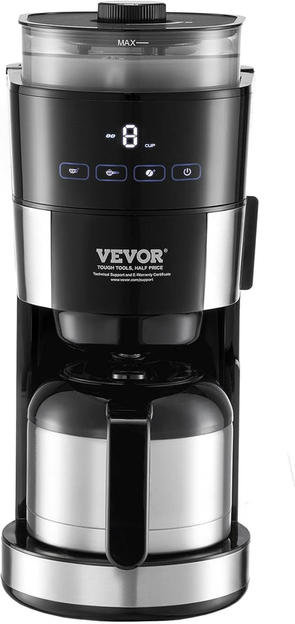 VEVOR Coffee Maker with Grinder, 8 Cup Programmable Coffee Machine, Grind and Brew Coffee Maker with 3 Brew Strength Control, Reusable Filter, Removable Water Tank, for Home Office Restaurant