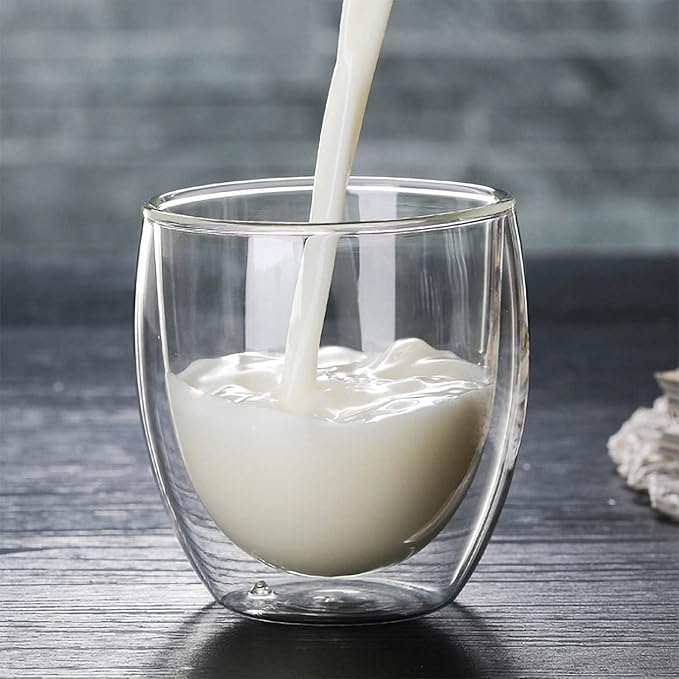 8oz Glass Coffee Mugs Set of 2, Double Walled Espresso Cups for Latte Cappuccino Cocoa Milk Cafe Juice, Clear Glass Tea Cup Set Glassware Gift for Christmas Birthday