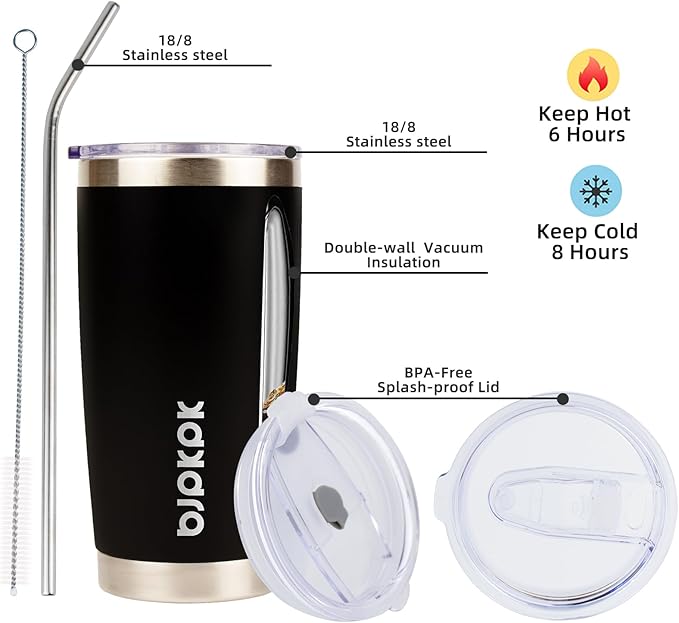 BJPKPK Black Insulated Tumbler With Lid And Straw 20 oz Stainless Steel Coffee Tumblers Cup