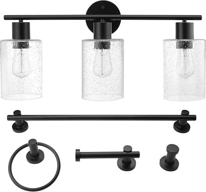 Globe Electric 51851 Bristol 5-Piece All-in-One Bathroom Set, Matte Black, 3-Light Vanity Light with Seeded Glass Shades, Towel Bar, Towel Ring, Robe Hook, Toilet Paper Holder