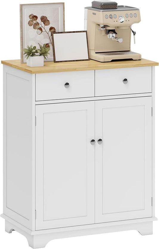 HOMCOM Sideboard with Solid Wood Countertop, Modern Kitchen Storage Cabinet, Coffee Bar Cabinet with 2 Drawers, Doors and Adjustable Shelf, White