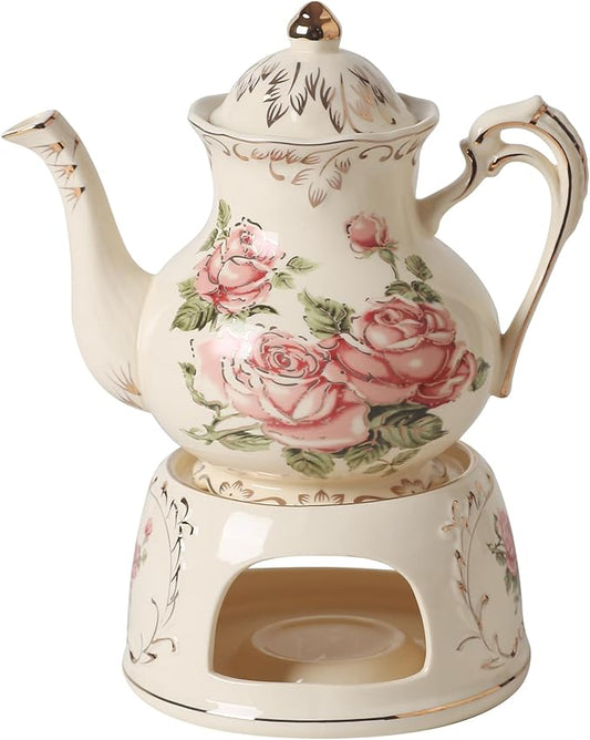 Vintage Ceramic Tea Pot, Heatable with Warmer, Decor for Party, Camping or Wedding, 25 oz/ 2 Cup, White with Pink Roses & Gold Trim