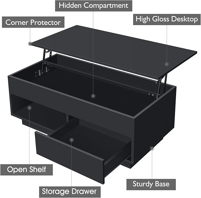 HOMMPA 40" Lift Top Coffee Table with Storage LED Coffee Table Morden High Gloss Living Room 3 Tiers Modern Tea Table with Storage Center Tables Hidden Compartment & Open Shelve & Drawer Black