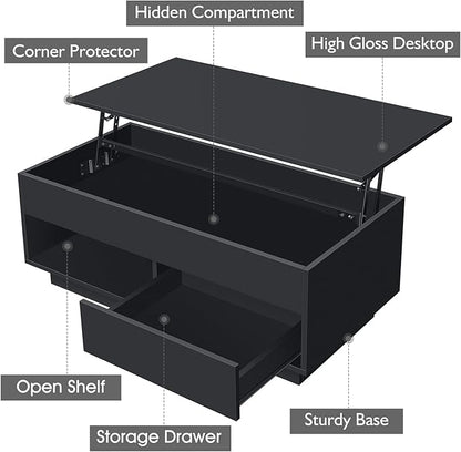 HOMMPA 40" Lift Top Coffee Table with Storage LED Coffee Table Morden High Gloss Living Room 3 Tiers Modern Tea Table with Storage Center Tables Hidden Compartment & Open Shelve & Drawer Black