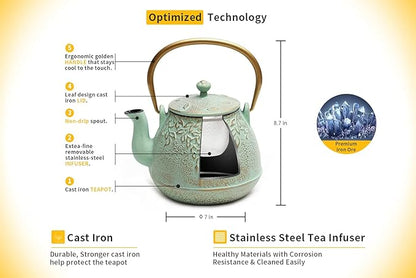 Tea Kettle, TOPTIER Japanese Cast Iron Teapot with Infuser for Loose Leaf and Tea Bags, Stovetop Safe Cast Iron Tea Kettle Coated with Enameled Interior for 40 oz (1200 ml), Light Green