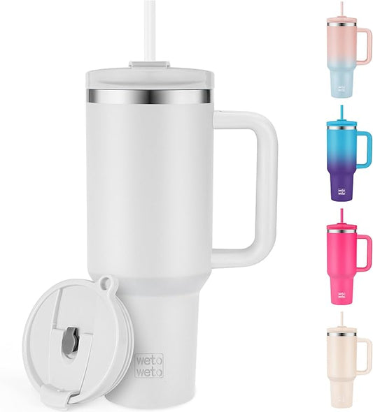 WETOWETO 40oz Tumbler with Handle and Lid | 100% Leakproof Insulated Stainless Steel Travel Mug | Keeps Cold 34Hrs/Hot 10Hrs | Dishwasher Safe, Fits Car Cup Holder (Foggy Color)