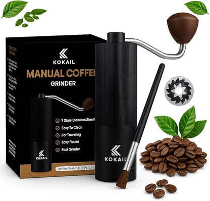 7- Star Manual Burr Coffee Grinder - Premium 420 Stainless Steel Coffee Hand Grinder with 30 g Capacity - Adjustable Coarseness for Espresso, Drip Coffee, and French Press - Easy to Clean