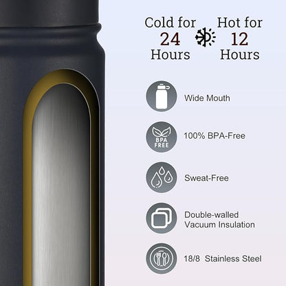 mininoo Insulated Stainless Steel Water Bottle with Straw and Lid for Sports, 24 oz, Black