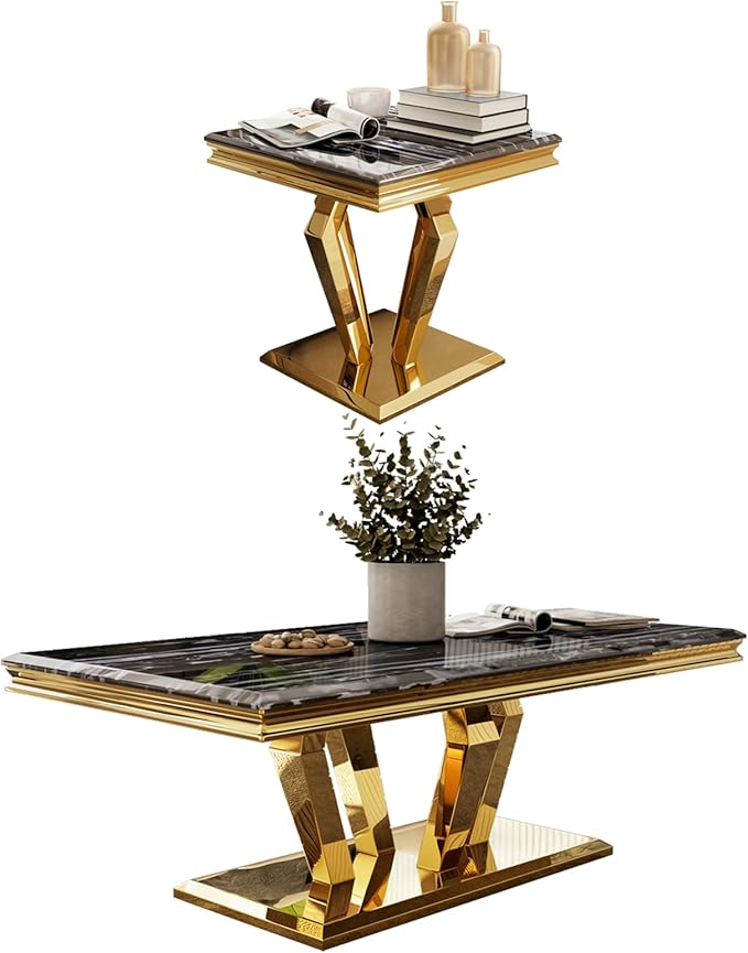 2 Piece Coffee Table Set, Black and Gold Living Room Table Set with 48 inch Coffee Table and 1 Square End Table, Luxury Living Room Coffee Table Set for Home Apartment Office