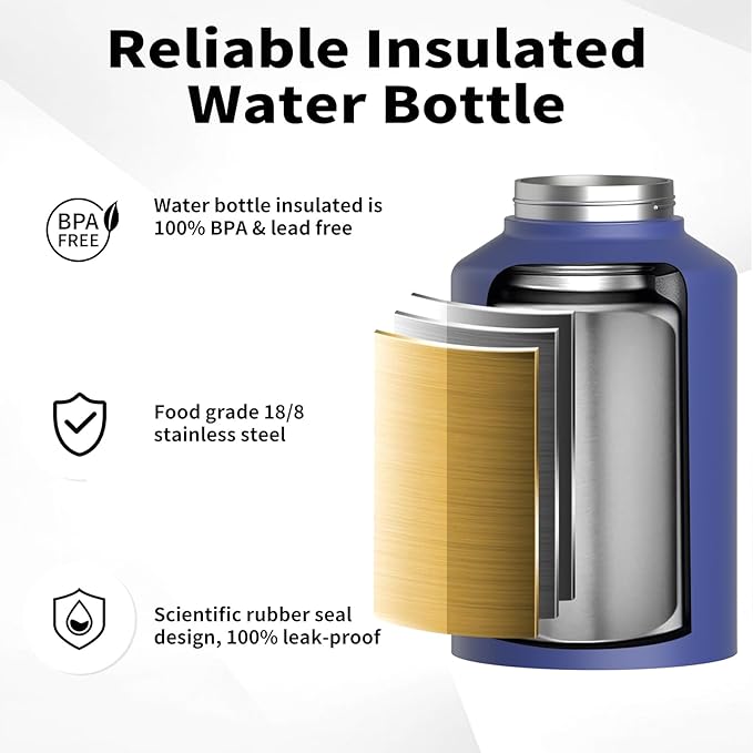 Half Gallon Water Bottle Insulated(Cold for 48 Hrs),BPA Free&Leak Proof,64oz Stainless Steel Water Jug/Flask,Big thermo,Large Water Bottle with Handle for Gym,Hiking,Camping,Deep Blue