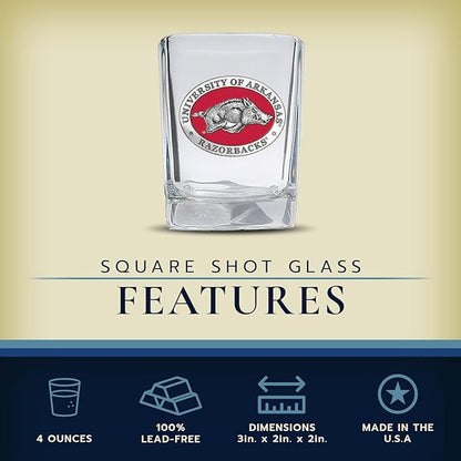 Heritage Pewter University of Arkansas Square Shot Glass | Hand-Sculpted 1.5 Ounce Shot Glass | Intricately Crafted Metal Pewter Alma Mater Inlay