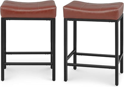 Athena Collection Counter Height Bar Stools Set of 2, 26 Inches Saddle Bar Stools with Leather Upholstered and Metal Legs, Backless Barstools for Counter, Kitchen Island, Dining Room, Mocha