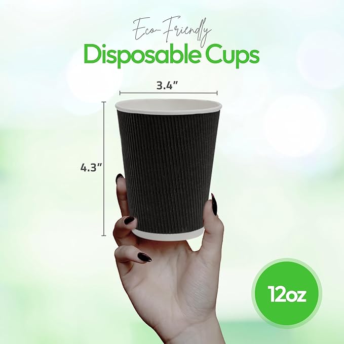 500-CT Disposable Black 12-OZ Hot Beverage Cups with Ripple Wall Design: No Need for Sleeves - Perfect for Cafes - Eco-Friendly Recyclable Paper - Insulated - Wholesale Takeout Coffee Cup