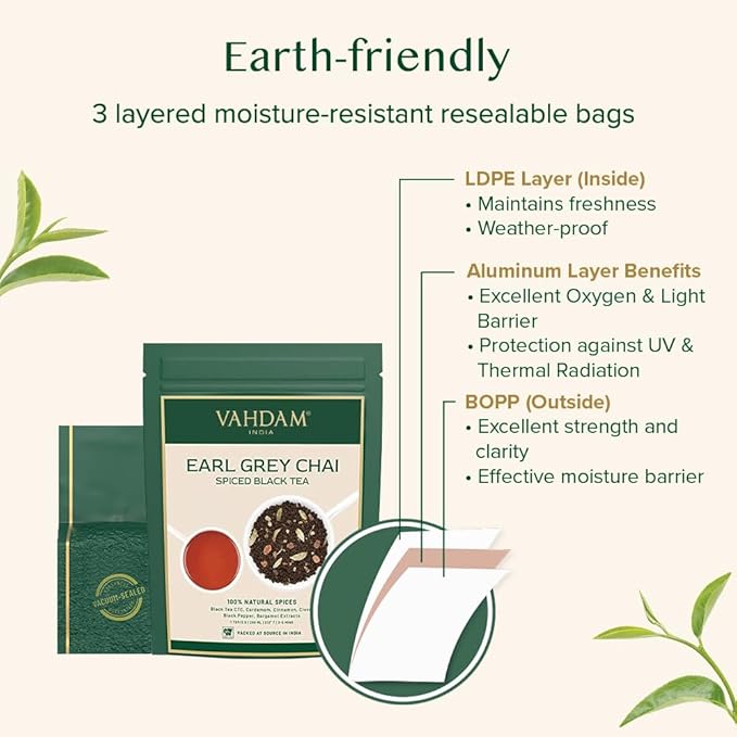 VAHDAM Earl Grey Masala Chai - High Caffeine, Non GMO, Gluten Free | Citrusy Earl Grey Tea Leaves w/ Pure Bergamot Oil | Brew Hot, Iced or Chai Latte | Vacuum Sealed Pack (50 Cups/3.53 oz)