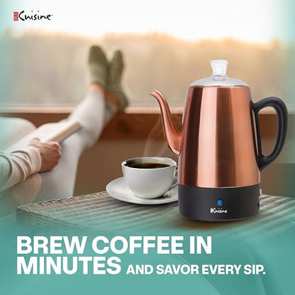 Euro Cuisine PER08 Stainless Steel Electric Coffee Percolator, 8 Cup, Polished Copper Finish, Dripless Gooseneck Spout, Clear Glass Knob, Brewing Indication, Keep-Warm Function, Detachable Cord